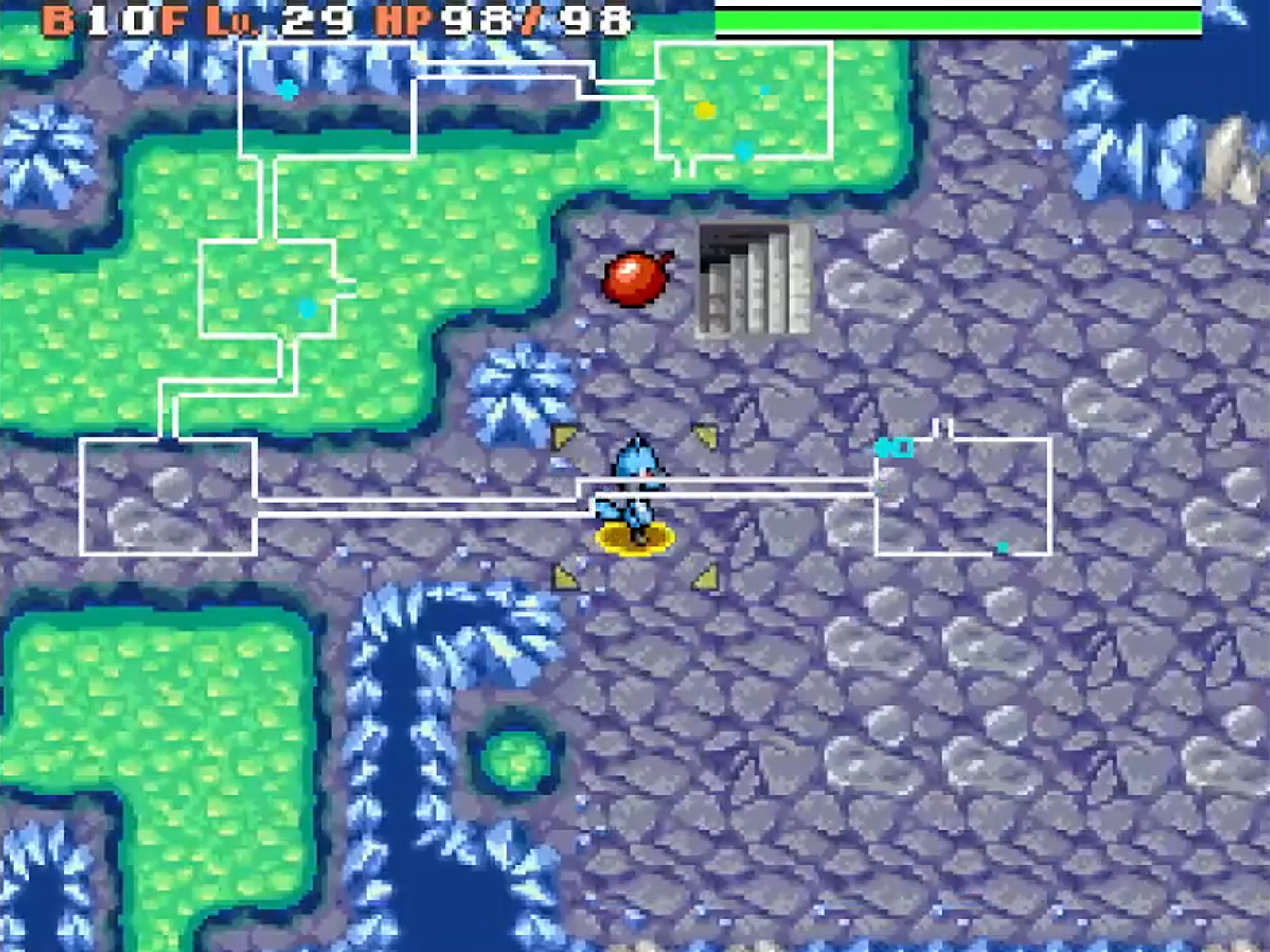 A screenshot of a dungeon in Pokémon Mystery Dungeon: Explorers of Sky