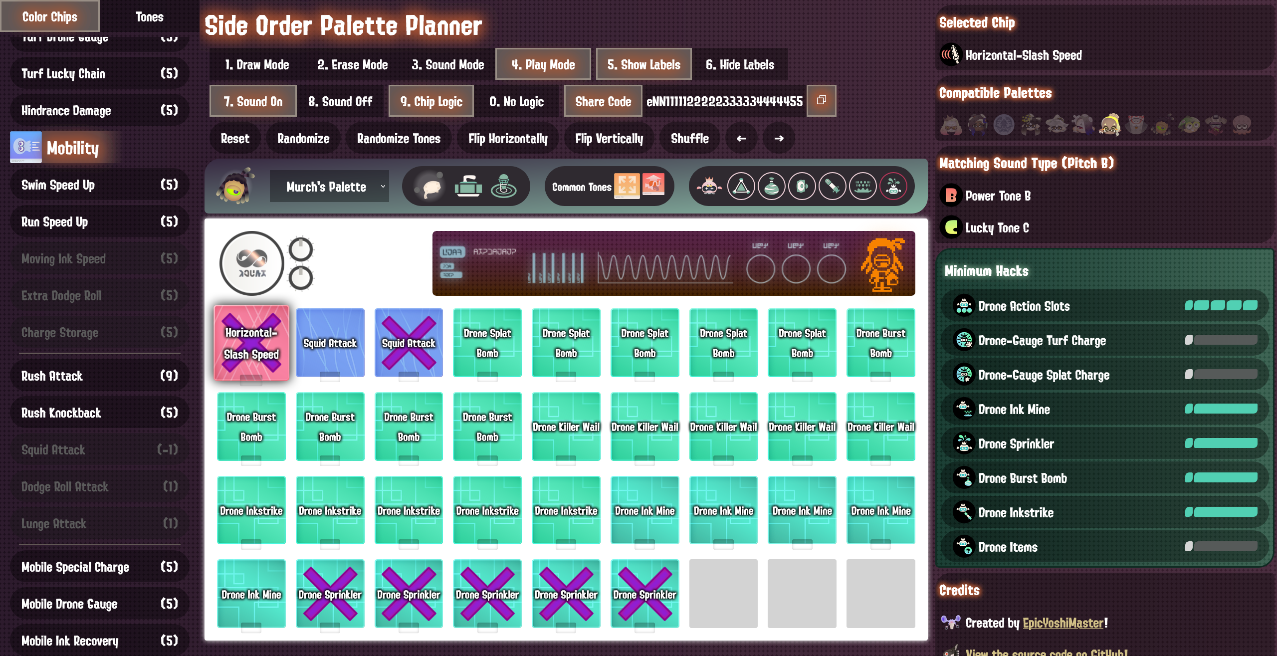 An example of Chip Logic showing several crossed out chips due to making the palette impossible